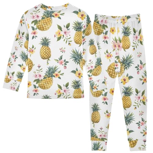 ALAZA White Pineapple Flower Blossom Pajamas Long Sleeve Sleepwear 2-Piece Pajama Set2