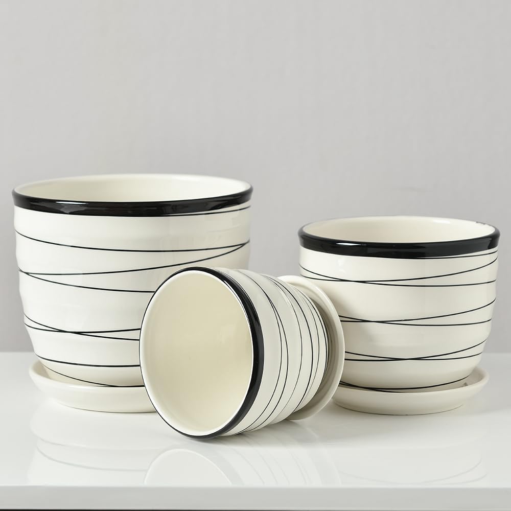 Garden Art Ceramic pot for plants SET OF 3 (21.3X21.3X18.2CM/17.3X173.X14.5CM/14X14X11.3CM )with Drainage Holes,Round Indoor Pot for Plants Ceramic Planters with Saucer,Outdoor Garden Pots (GA84115-W) 2