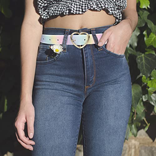 LUOZZY Rainbow Belt PU Leather Waist Belt for Women Girls Heart Belt Glitter Rainbow Belt Adjustable Shiny Dress Belt with Metal Heart-shaped Buckle4