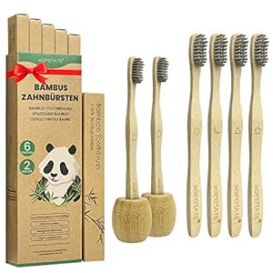 Set van 6 bamboe tandenborstels + 2 tandenborstelhouders, veganistische houten tandenborstel voor de beste zuiverheid…