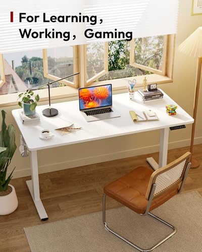 Image of SANODESK Electric Standing Desk 55 x 28 Inches Whole-Piece Desktop Height Adjustable Stand Up Desk w /6-Button Controller Ergonomic Computer Desk for Home Office, White Frame + White Tabletop