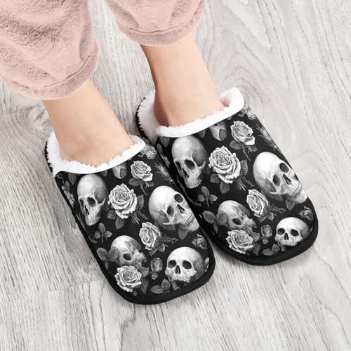 Retro White Rose Skull Slippers For Women Men Soft Memory Foam Non-Slip Halloween Winter Indoor House Shoes Travel Slipper4