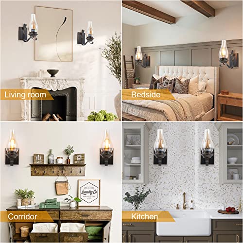 Image of Yisuro Hardwired Wall Sconce,Oil Rubbed Bronze Hardwired Wall Sconce Indoor, Retro Rustic Wall Lamps with Amber Glass,Vintage Bedside Sconces Wall Lighting for Living Room Bathroom