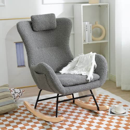 Image of Professional Rocking Chair with Rubber Leg - Cashmere Fabric and Ergonomic Design - Perfect for Living Room and Bedroom - Ideal for Nursery and Relaxation (Gray)