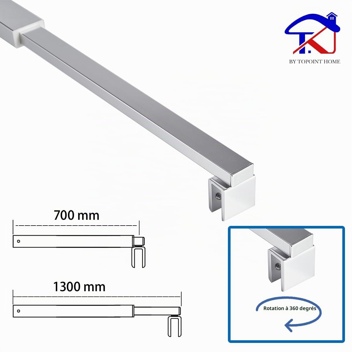 T&K Barre de stabilisation Barre de support télescopique chrome longueur réglable 700mm à 1300mm, pour écran de douche et panneaux de baignoire, compatible avec du verre de 6-10mm
