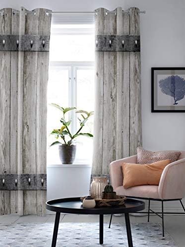 Shine-Home Window Curtains with Gromments Kitchen Drapes, Rustic Barn Door with Wood Grain Texture Art Print, 2 Panels Window Treatment Drapes for Living Room/Bathroom/Office 80