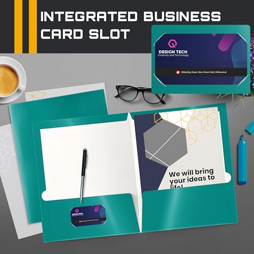 Image of Better Office Products 2 Pocket Glossy Laminated Teal Paper Folders, Box of 25, Letter Size, Teal Paper Portfolios 25 Pack