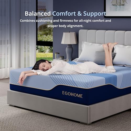 EGOHOME 14 Inch Queen Hybrid Mattress in a Box, Copper Gel Memory Foam for Cool Sleep, Fiberglass-Free, Pressure Relieving, Medium Firm, CertiPUR-US Certified, 80''L x 60''W