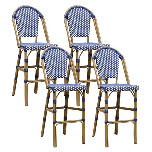 Image of PURPLE LEAF French Bar Stool Set of 4 Bamboo Print Finish Patio Bar Stools with Back Rattan Bar Chairs Wicker Bar Height Stool 30 inch with Footrest Kitchen Island Stools Outdoor Barstool Royal Blue