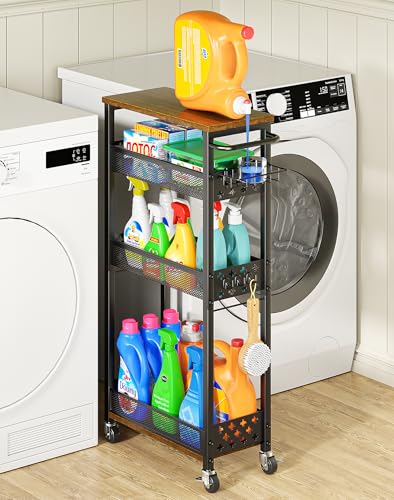 Image of OKZEST Rolling Slim Storage Cart, 4-Tier Narrow Bathroom Organizers and Storage Cart, Metal Narrow Kitchen Laundry Room Organization Shelf with Wood Top, Slim Utility Cart with Wheels for Small Space