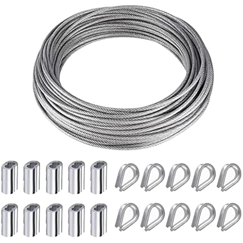 Wire Rope Kit, 21pcs Metal Cable Wire Rope Kit, 10m/33ft Stainless Steel Wire Rope Pvc Coated,Wire Fence Kit with 10 Aluminum Crimping Sleeves 10 Wire Rope Thimble,for Garden Wire Hang Clothes Lights Cover