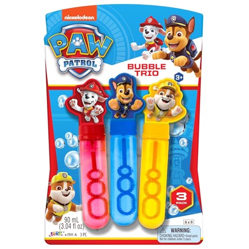 JA-RU Paw Pat Bubble Trio (1 Pack of 3 Tubes) Chase, Marshall, Rubble – Bubbles Wand Toy for Kids, Party Favors for Boys & Girls, Outdoor Fun, Birthday Gift Supplies, and Playtime. 7511-1A