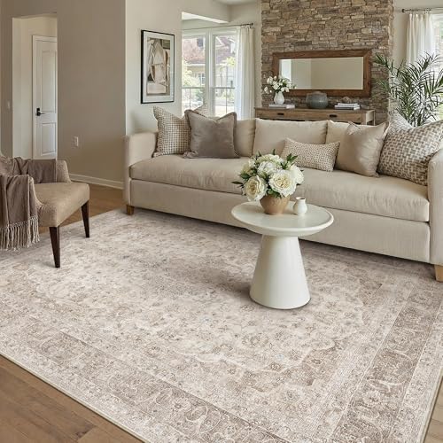 Image of PureCozy 160x230cm Beige Vintage Washable Rugs for Bedroom Living Room, Soft Area Rugs with Non-Slip Backing, Lightweight Low Pile Traditional Carpet for Kitchen Office Dining Room Playroom
