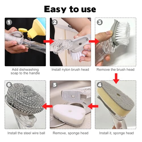 Image of Soap Dispensing Dish Brush, Soap Control Dishwand with 2 Sponge Heads 2 Replaceable Heads 2 Wire Ball Heads Handle Non-Scratch Brush Scrubber for Kitchen Dishes Pots Pans Sink Cleaning