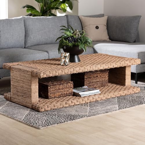 Bali & pari Rhinos Handwoven Seagrass Coffee Table with Open Shelf – Rectangular Wicker Center Table for Living Room, Coastal Boho Style
