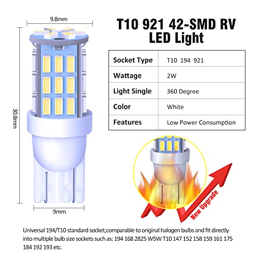 T10 921 194 168 175 LED Bulbs Cool White 20-Packs, Super Bright 3014 42-SMD Replacement 12 Volt RV Camper Trailer Boat Trunk Interior Dome Map License Lights, Backup Reverse Lights
