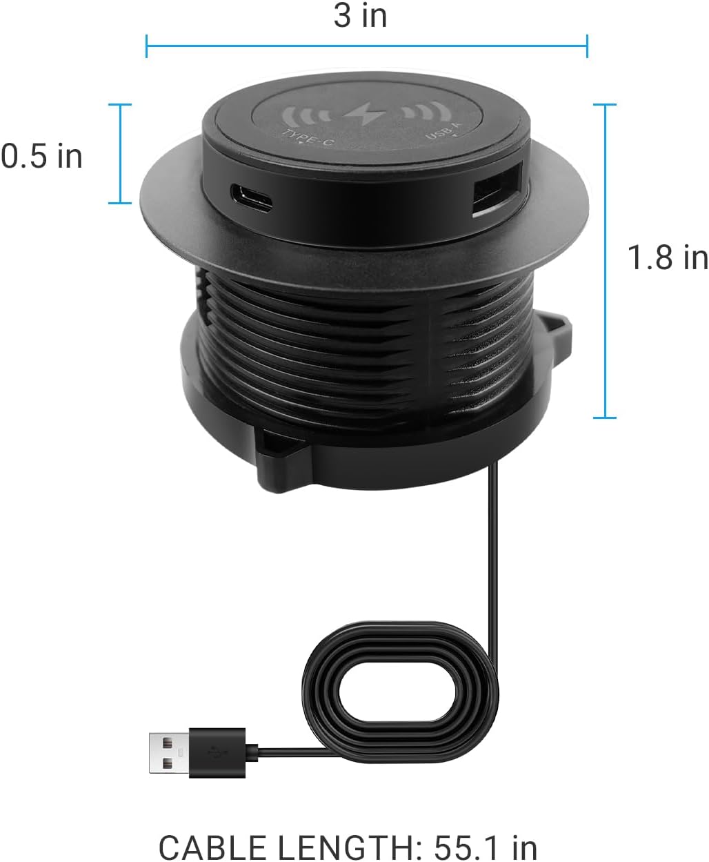 Desktop Wireless Charger, Pop Up 15W Fast Retractable Desktop Charger, Invisible Wireless Charging Station with USB A and Type C Ports, Recessed Desktop Charging for Desk, Furniture - Black