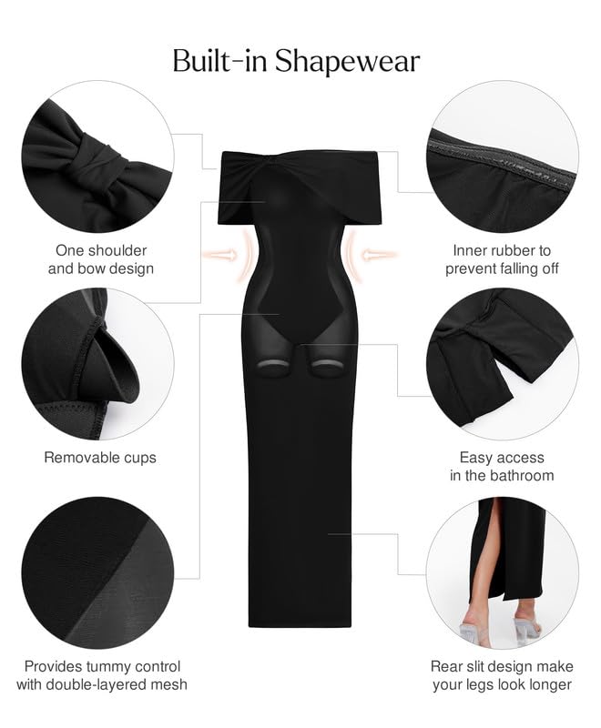 Image of Popilush Off The Shoulder Maxi Dress Wedding Guest Formal Dresses for Women Sleeveless Bodycon Long Shapewear Prom Dress