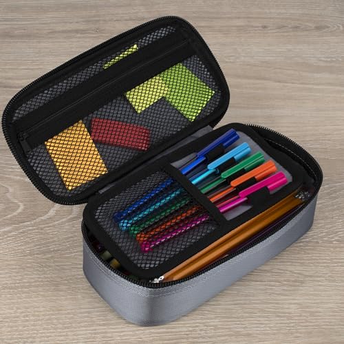 Image of Five Star Pencil Pouch Zipper High-Capacity Storage Organizer Case for Office Supplies Earbuds Chargers Cables Makeup, Grey /Teal (500212B)