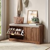 Maupvit 39.4' Fluted Shoe Bench with Storage, Narrow Entryway Bench with Removable Seat Cushion & 2 Flip-Drawers, Shoe Cabinet Bench, Boho Hidden Shoe Rack for Entrance, Hallway, Living Room (Walnut)