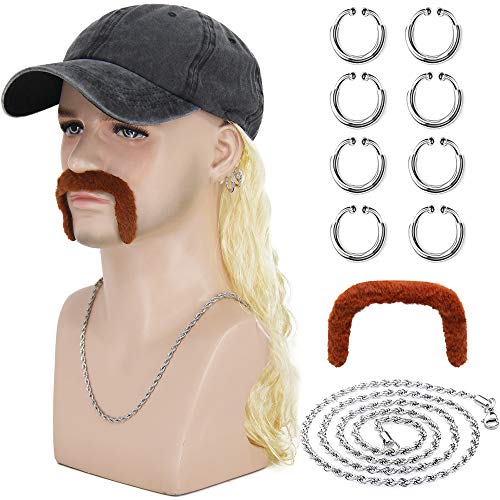 Tiger King Joe Exotic Cosplay Hat with Blonde Wig with 8 Earrings Mustache Necklace for Halloween Party Costume 007B