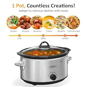 Sunvivi Small Slow Cooker 4QT, Mini Food Warmer with 3 Heating Settings, Removable Ceramic Pot, Dishwasher Safe Glass Lid, Stainless Steel, Silver Sunvivi Small Slow Cooker 4QT Mini Food Warmer with 3 Heating Settings Removable Ceramic Pot Dishwasher Safe Glass Lid Stainless Steel Silver