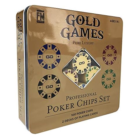 Gold Games Professional Poker Chips Set, 100 Poker Chips, 2 Decks of Playing Cards, Water-Resistant, Gold and Bold in True Casino Style Cover
