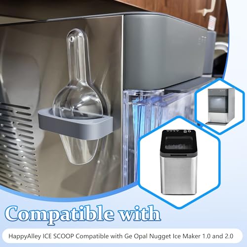 HappyAlley Ice Scoop with Magnetic Scoop Holder Compatible with GE Opal 2.0 Nugget Ice Makers, 9 In Low-Carbon Stainless Steel Alloy Scooper for Kitchen Refrigerator Accessory Pet Food Scooper(Grey)