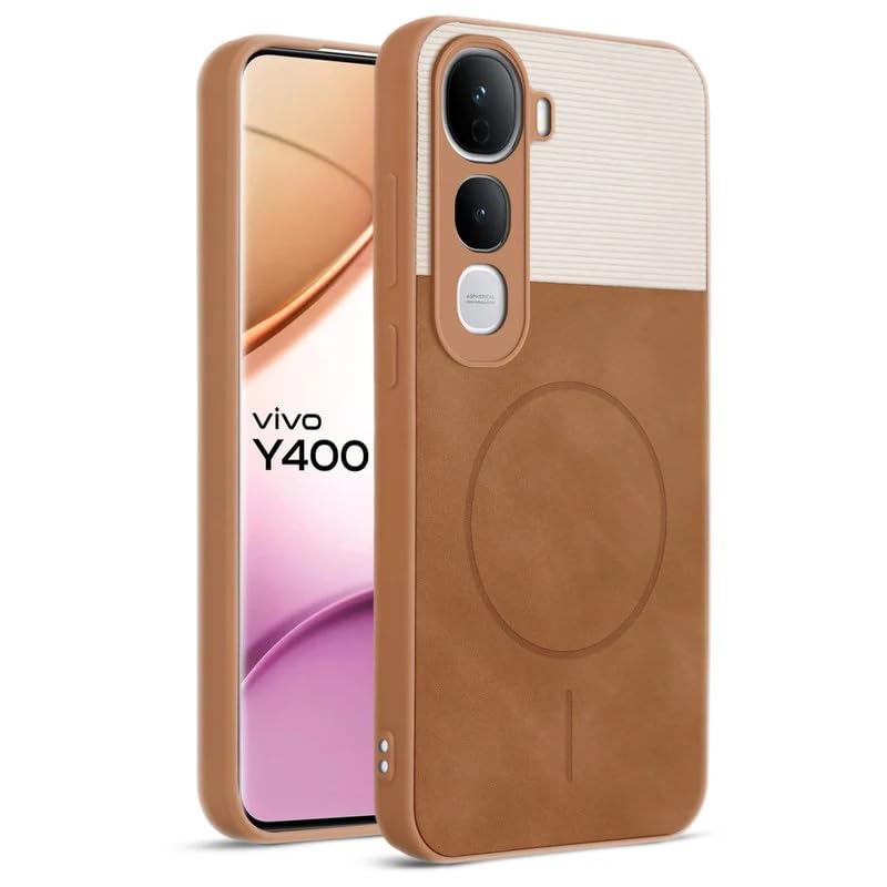 Image of Bintage case Macc-Safe Design Hard Light Weight Back Case | Soft Border Camera Protect | Dual PU Leather Finish Back Cover Compatible for Vivo Y400 Pro 5G - White & Brown