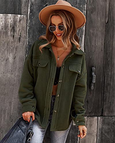 Womens Long Sleeve Fleece Jacket Button Down Pocket Fall Winter Lapel Outerwear Coat (Army Green,Xl) #TOP3