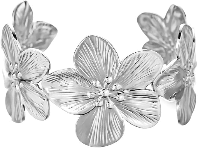 CHAOTEMAI Bracelet Fleur Manchette Argent Réglable Bracelet Fille Bras Bretelles Empilables Bijoux Femme Jonc Motif Floral Personnalisés pour Quotidien...