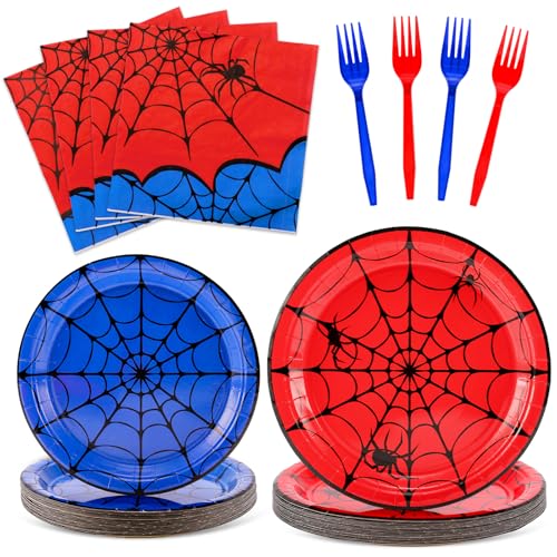 JarThenaAMCS 96 Pcs Spider Tableware Sets Serves 24 Guests Red Blue Spider Web Plates Napkins Forks Disposable Dinnerware for Halloween Birthday Party Favors