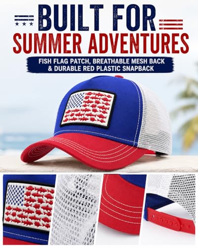 Image of American Fish Flag Trucker Hat, Snapback Mesh USA Flag Baseball Caps, Fishing Gifts for Men Women Fisherman