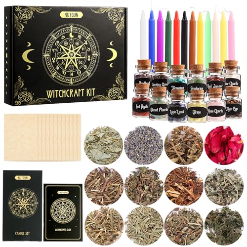 Nutgun Witchcraft Supplies Kit 49 PCS Wiccan Supplies and Tools Including Witchcraft Herbs Spell Candles Crystals Guidebook for Witchcraft Witch Altar Spell Starter Kit Witchy Gifts for Women