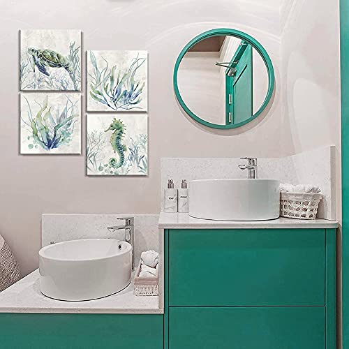 Wzsart Ocean Animals Plants Bathroom Decor Canvas Wall Arts Watercolor Sea Turtle Seahorse Seaweed Printed Pictures Artwork Vintage Painting Decoration For Bathroom Living Room Kithcen Ready To Hang 12"X12"X4Pcs #TOP1