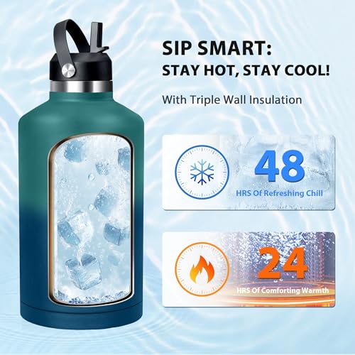 Image of Insulated Water Bottle 64 oz, Triple Wall Vacuum Stainless Steel Water Bottles (Cold for 48 Hrs), Leak Proof & Non-BPA, Half Gallon Water Flask Jug Wide Mouth Straw Lid & Spout Lid