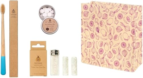 SuperBee Kit de viaje con pastillas de pasta de dientes Dentos, 14 pestañas, hilo natural, cerdas suaves, cepillo de dientes de bambú, sin flúor y