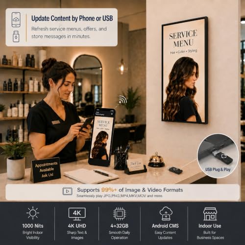 Image of 32 inch Wall-Mounted Digital Signage Display, 4K Menu Board