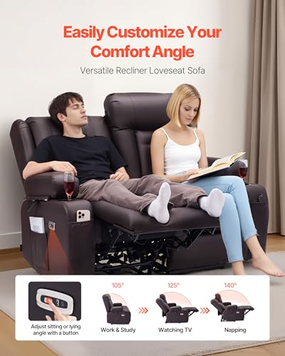 Image of VEVOR Loveseat Recliner Sofa with Massage & Heat, Power Reclining RV Couch, PU Leather Electric Recliner Sofa with USB & Outlet /Storage /Cup Holders /Pockets, Home Theater Seating for Living Room
