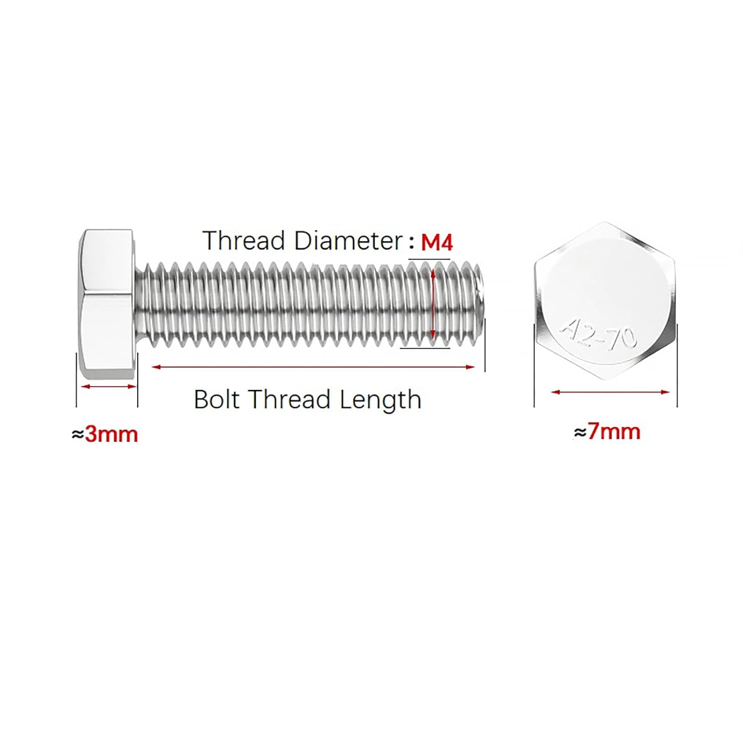 M4-0.7 x 80mm M4 Hex Head Bolt Screw 50Pcs, 304 Stainless Steel Fully Threaded External Hex Drive Hexagon Bolts Plain Bright Finish Heavy Duty Metric Machine