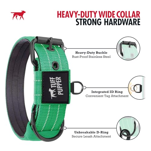 Image of Tuff Pupper Heavy Duty Tactical Dog Collar | 1.25 inch Wide Ballistic Nylon | Reflective Stitching | Integrated ID Tag Holder | Stainless Steel Buckle | Padded Lining | Small & Medium Dogs (Green, Small)