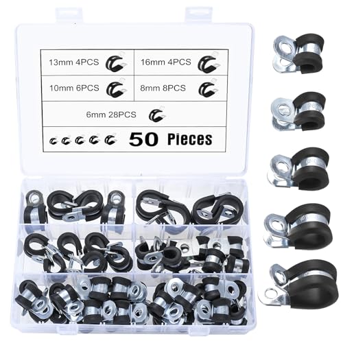 50 Pcs Carbon Steel Rubber Lined P Clips Assorted, Rubber Cushioned R Clamps