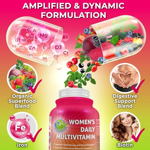 Image of Women's Daily Multivitamin with Iron - Vegan Methylated Multivitamin for Women with Biotin, Organic Superfoods, Probiotics, B-Complex - Energy, Gut & Optimal Health Support - Easy to Swallow Capsules