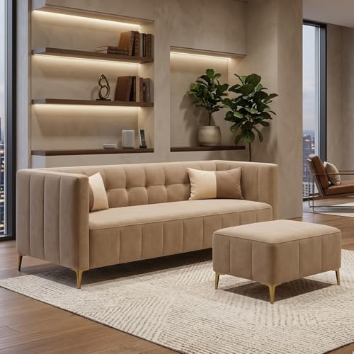 Image of SOCOZI Stylluxe 4 Seater L Shape Sofa Set with Movable Ottoman | Flexible Left or Right Layout | Soft Velvet Suede Fabric | Modern Design | Plush Comfort Cushions for Living Room (Beige)