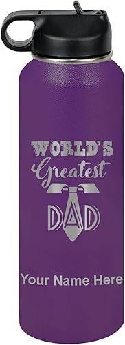 Miniatura 49 de LaserGram Botella de agua personalizada, World's Greatest Dad, acero inoxidable de doble pared aislada al vacío con popote superior, regalo grabado