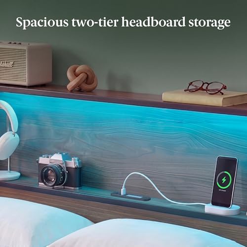 Image of Zinus Kai Platform Bed Frame, RGB LED Lights, No Box Spring Needed, Twin | Two-Tier Headboard for Space-Saving Storage, Built-in USB Charging Station, Soft Ambient Night Light
