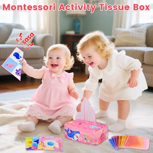 Image of Baby Tissue Box Toys: Montessori Toys for Babies 6-12 Months | Soft Stuffed High Contrast Crinkle Toy - Infant Sensory Toys 6 7 8 9 10 11 12 Months Old Baby Girl Gifts