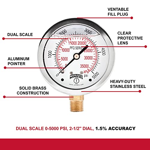 winters 2-1234 dial size liquid filled industrial pressure gauge brass internals stainless steel case dual scale 0-5000 psikpa 15 acc 1434 npt bottom mount glycerin filled pressure gauge