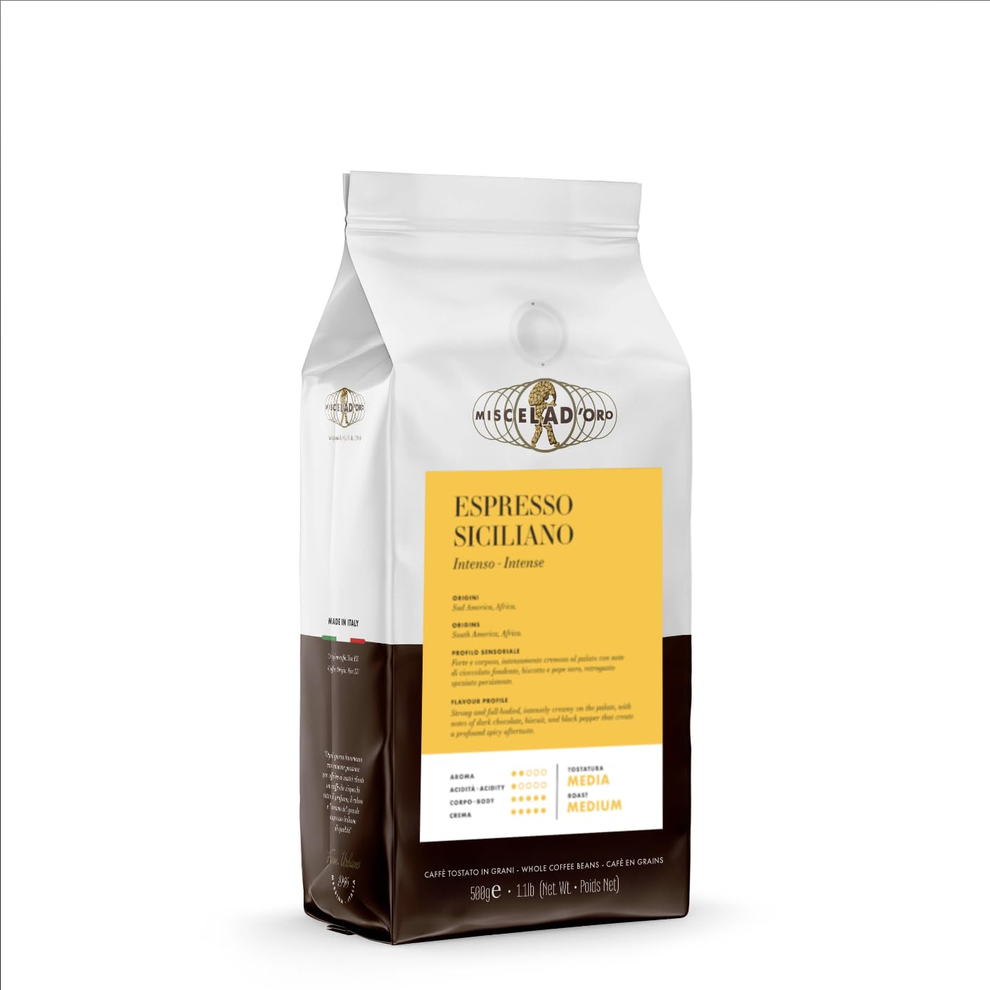 Miscela d’Oro Siciliano Espresso Beans – 1.1 lb Bag – Strong Full-Bodied Italian Roast with Chocolate and Spice Notes – Medium Roast Whole Bean Coffee – Made in Italy