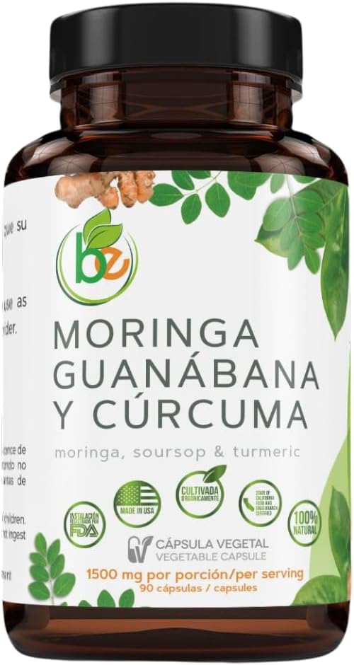 Moringa, Guanabana & Curcuma (Moringa, Soursop, & Turmeric) 90 Capsules 1500 mg per Serving Powerful Blend of 100% Natural Premium Ingredients, Vegetable, cultivada...